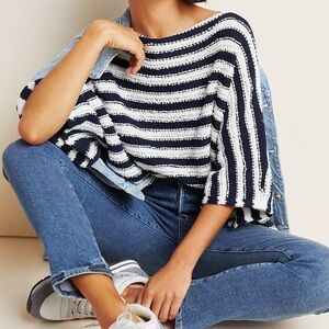 Anthropologie Evie Poncho Oversize Sweater Top Stripe XS/S Boatneck Short Sleeve